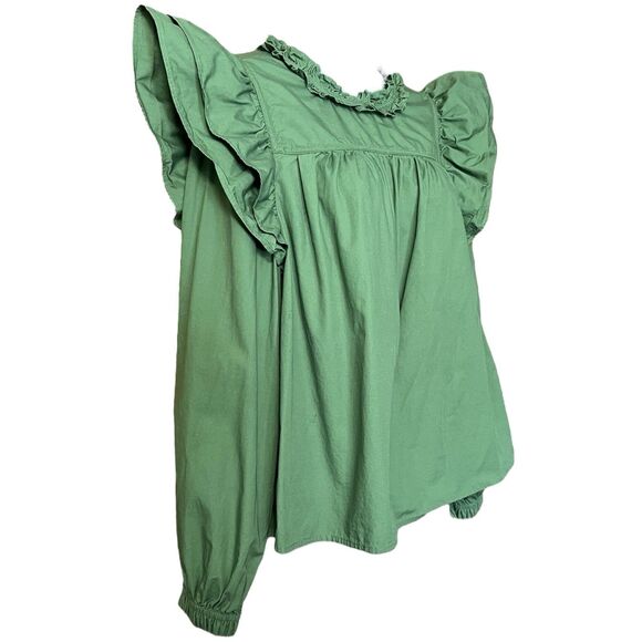 Crown & Ivy Green Ruffle Top Sz L Cottagecore Prairie Victorian 100% Cotton - Picture 6 of 13